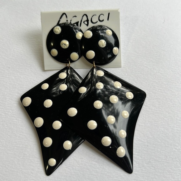 🌻 Vintage Metal Statement Drop Earrings Black with white polka dots - Picture 2 of 4